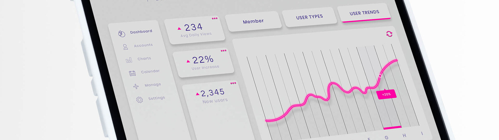 Event registration platform dashboard on a tablet, showing attendee numbers and sign-up trends